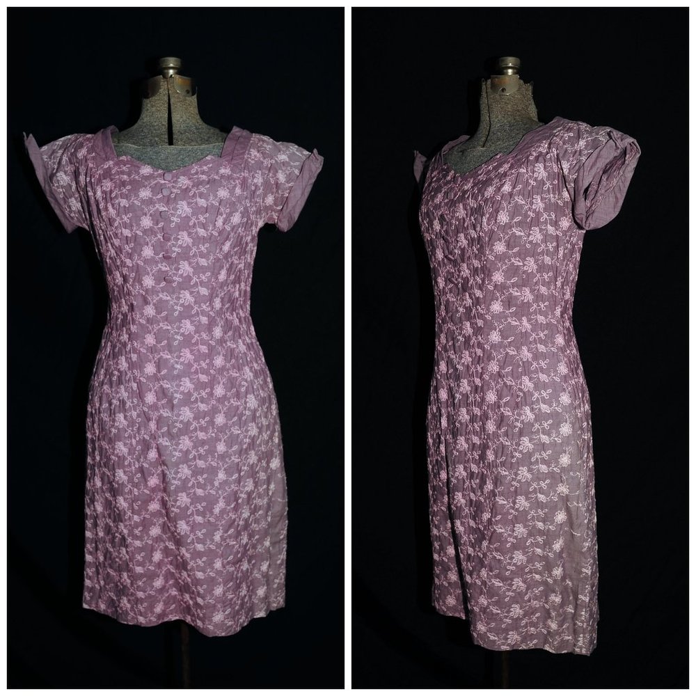 VTG Plum Purple Cotton Day Dress Pink Embroidery